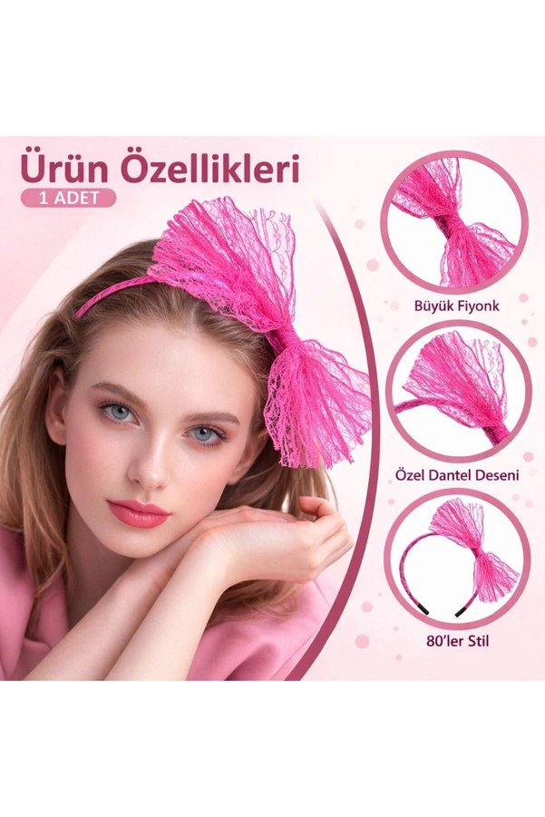 Ethab Ticaret Glb-Stl41414 80’Ler 90’Lar Neon Pembe Dantel Taç Fiyonklu