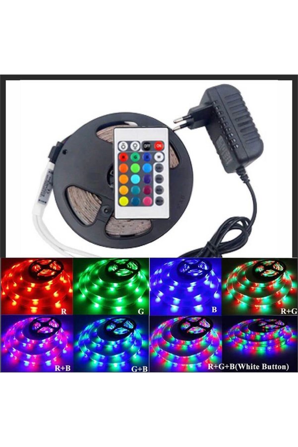 Ethab Ticaret Glb-Stl41414 Rgb Şerit 5 Metre 16 Renkli Kumandalı Adaptörlü Çift Taraflı Bant