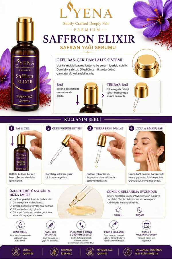 Lyena Premium Saffron Elixir Safran Yağı Cilt Bakım Serumu 50 Ml – Canlı Ve Parlak Görünüm Destekleyici Serum