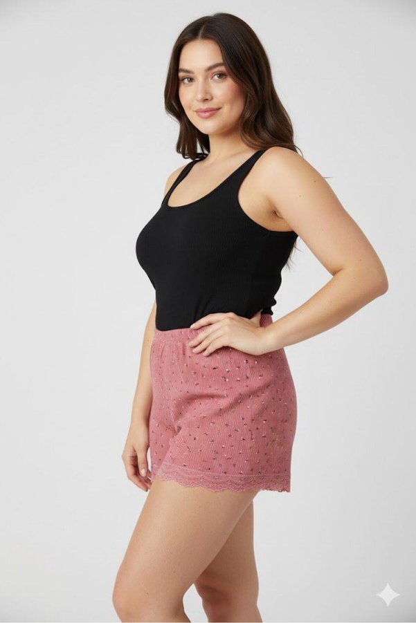 Mestore Düz Renk Mini Çiçek Desenli Penye Kadın Ev Şortu Bacak Dantel Detaylı Ev Giyim Pembe