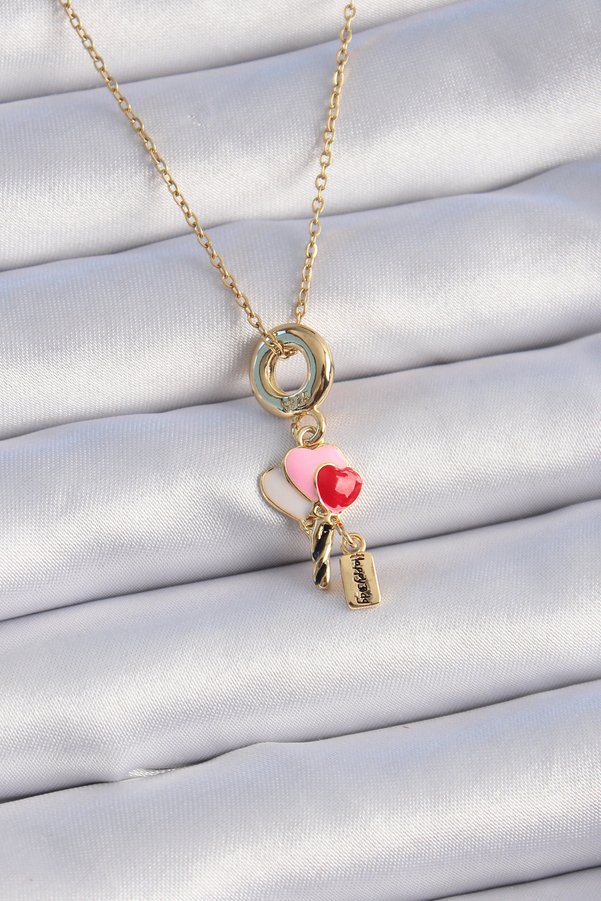 Evimdeyokyok 316L Çelik Gold Renk Renkli Kalp Figür Charm Model Kadın Kolye Tj-Bko9320