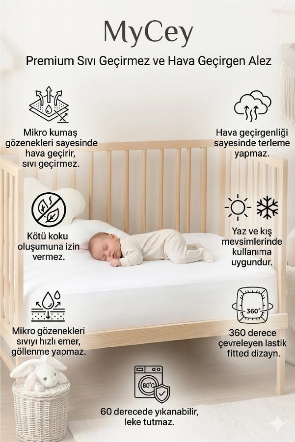 Mycey 60X120 Cm Sıvı Geçirmez Fitted Alez Bebe Micro Kumaş Yatak Koruyucu Alez