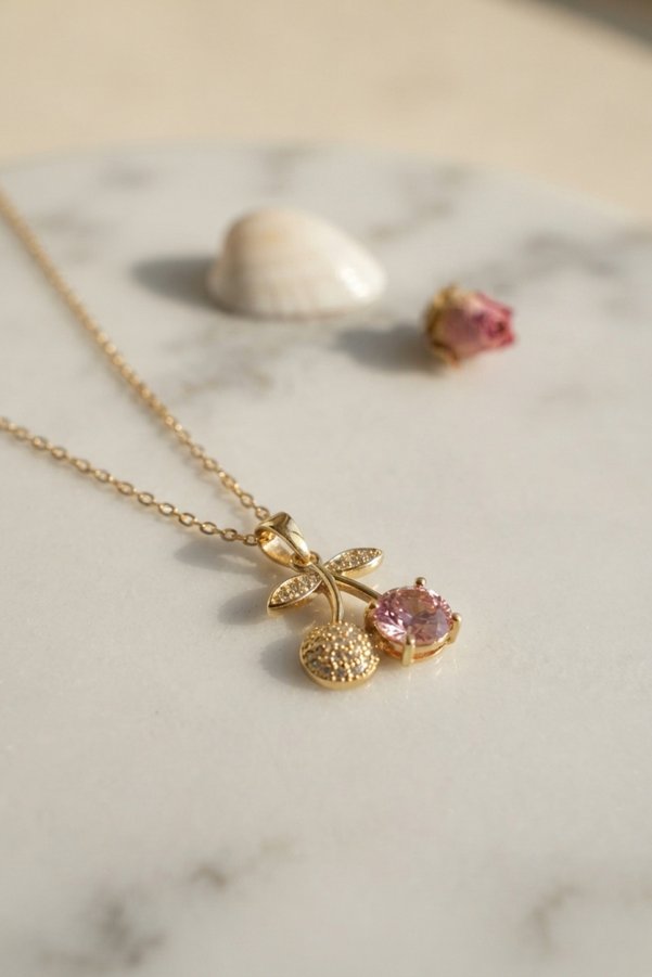 Evimdeyokyok 316L Çelik Zincir Gold Renk Pembe Kiraz Model Kolye Tj-Bko11190