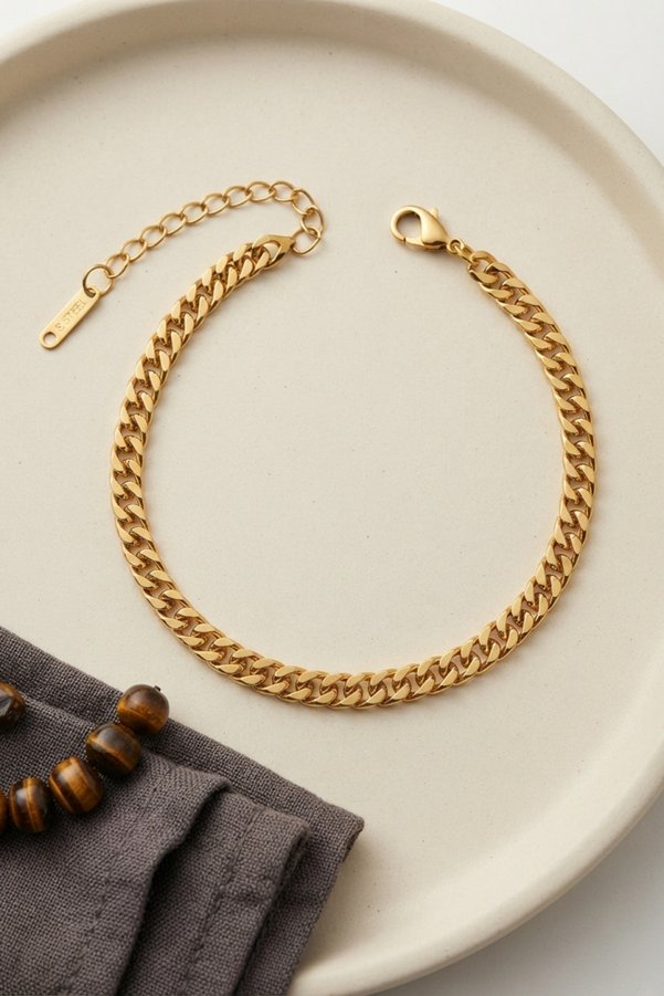 Evimdeyokyok 316L Çelik Gold Renk İnce Cuban Zincir Model Erkek Bileklik Tj-Eb3835