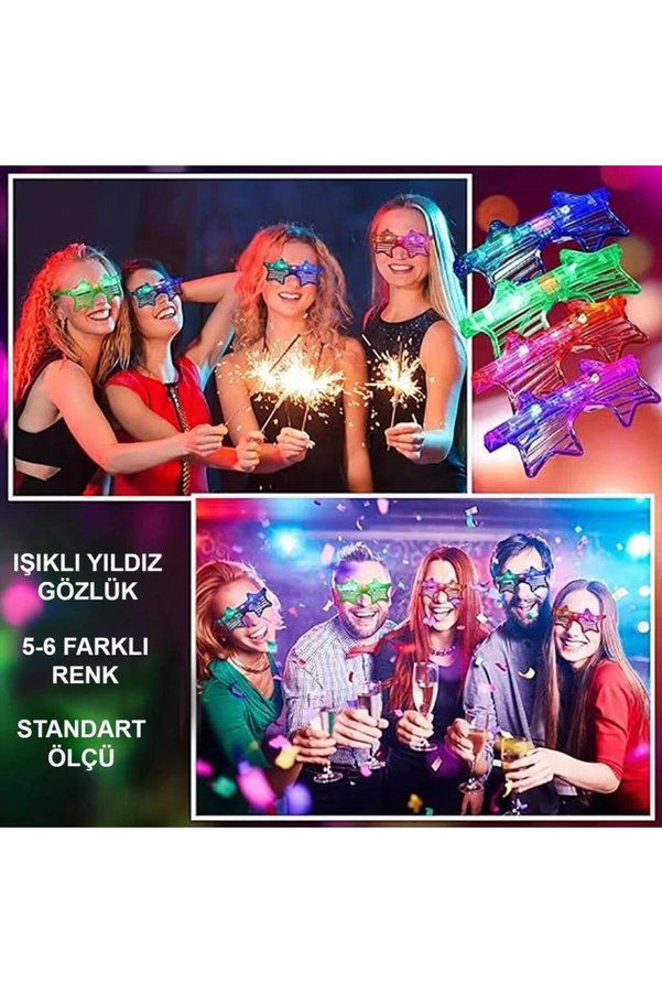Nw Nessiworld Işıklı Yıldız Gözlük Ledli Parti Gözlüğü 6 Renk 12 Adet