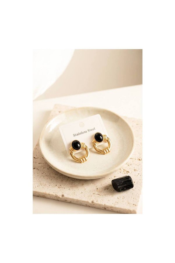 Evi̇mdeyokyok 316L Çeli̇k Gold Renk Vi̇ntage Si̇yah Taşlı Küpe Tj-Bkp12053