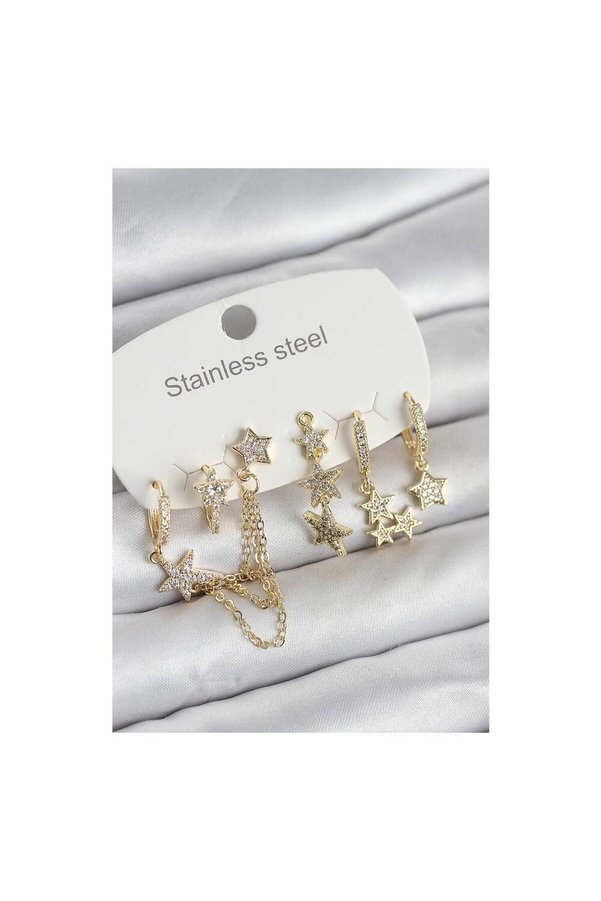 Evi̇mdeyokyok 316L Çeli̇k Gold Renk 6 Lı Set Zi̇nci̇rli̇ Yıldız Modelli̇ Kadın Küpe Tj-Bkp11747