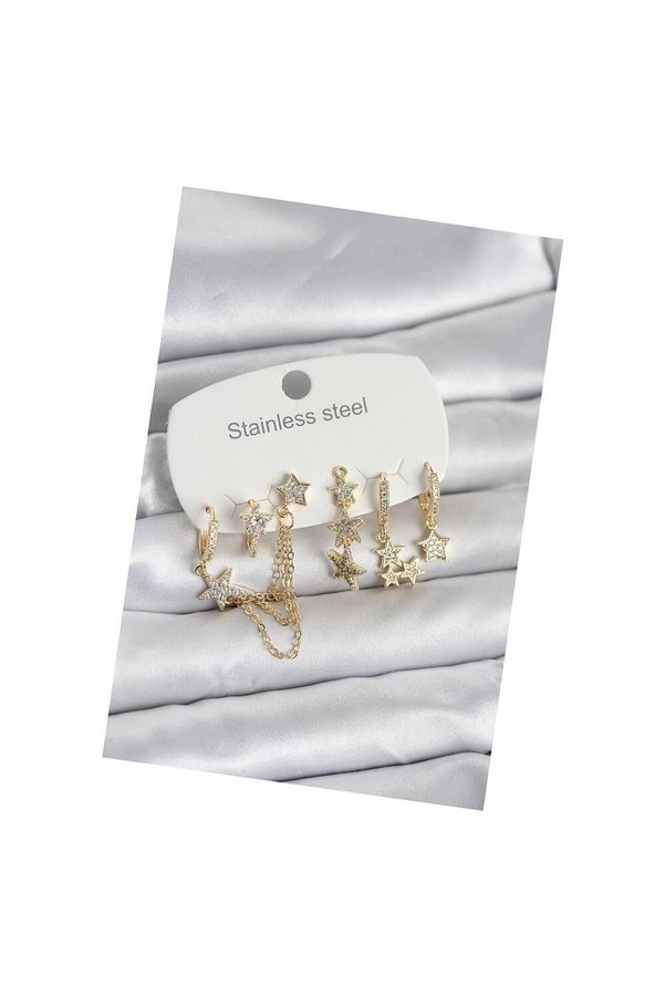 Evi̇mdeyokyok 316L Çeli̇k Gold Renk 6 Lı Set Zi̇nci̇rli̇ Yıldız Modelli̇ Kadın Küpe Tj-Bkp11747