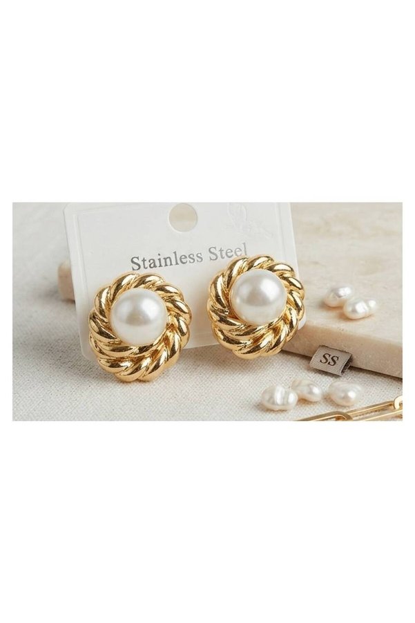 Evi̇mdeyokyok 316L Çeli̇k Gold Renk İnci̇li̇ Model Kadın Küpe Tj-Bkp12031