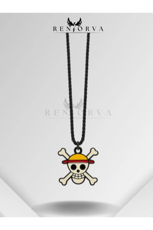 Renorva Unisex One Piece Luffy Jolly Roger Korsan Logolu Siyah Zincir Erkek Kadın Kolye
