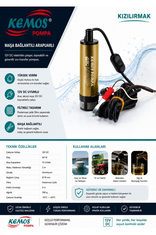 Kemos Kızılırmak 12 Volt Mazot Aktarma Pompası