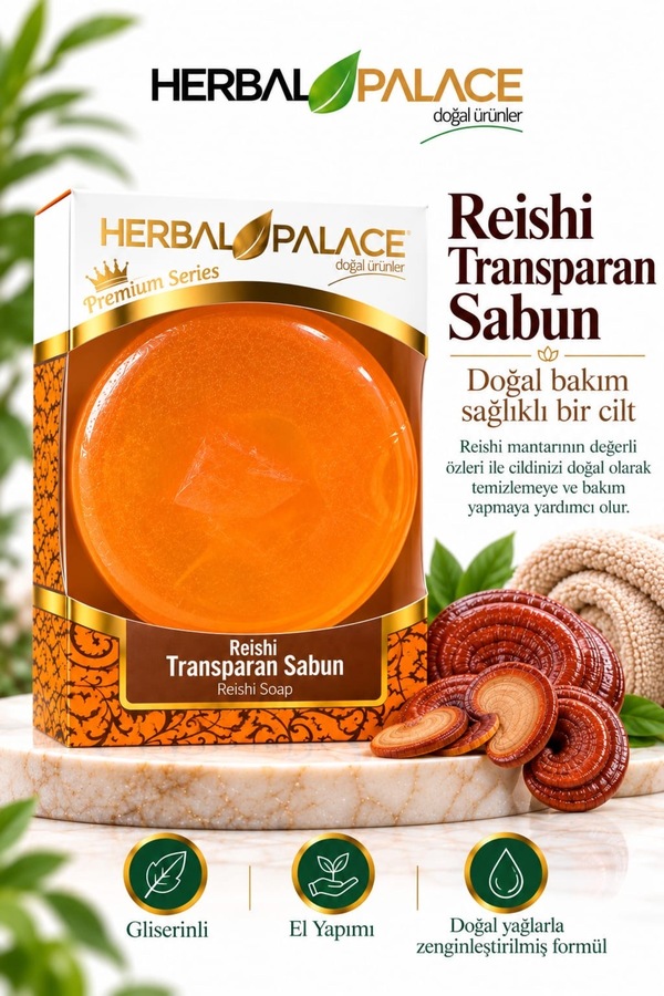 Herbal Palace Reishi Transparan Sabun & Akne Karşıtı & Yenileyici & El Yapımı Gliserinli