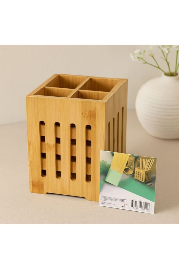 Ethab Ticaret Glb-Stl41414 Ahşap Bambu 4 Bölmeli Kaşıklık Organizer (11X11 Cm, Pencereli)