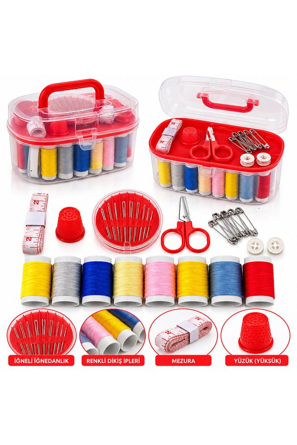 Go İthalat Küçük Çantalı Dikiş Seti İplik - Mezura - Tekstil Makası - İğne - Yüzük () Glbl-Stl57839