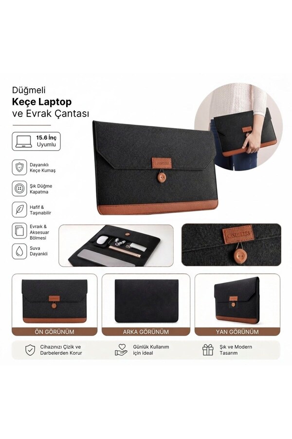 Go İthalat 15.6 İnç Düğmeli Keçe Laptop Ve Evrak Çantası, Notebook Bilgisayar Ve Dosya Taşıma Çantası () Glbl-S