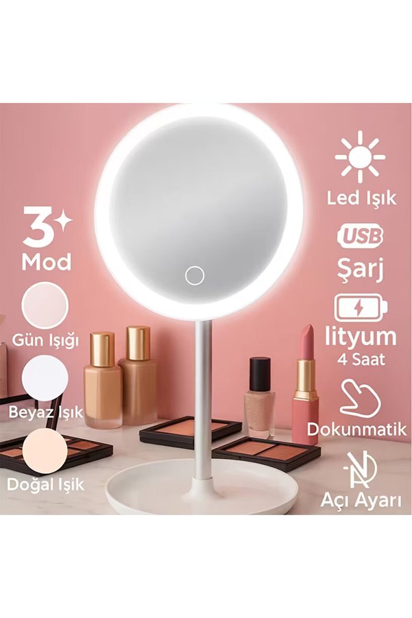 Go İthalat Yuvarlak 6.5 Inc Ledli - Usb Şarjlı Makyaj Aynası 90° Açı Ayarlı Takılı Ayak Renkli Pls İ11-016 () G