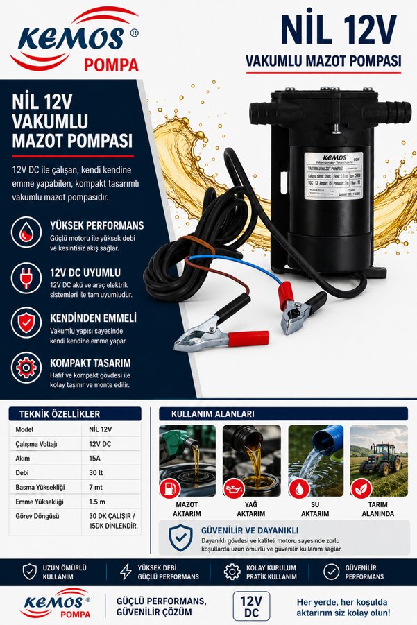 Kemos Nil Vakumlu 140 Watt 12 Volt ( Vdc) Mazot Pompası