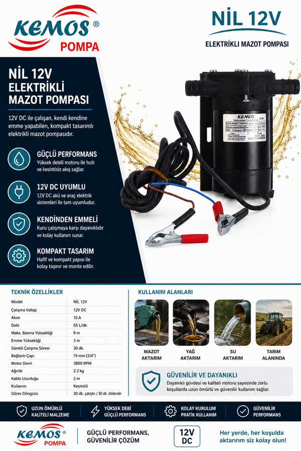 Kemos Nil Vakumlu 140 Watt 12 Volt ( Vdc) Mazot Pompası