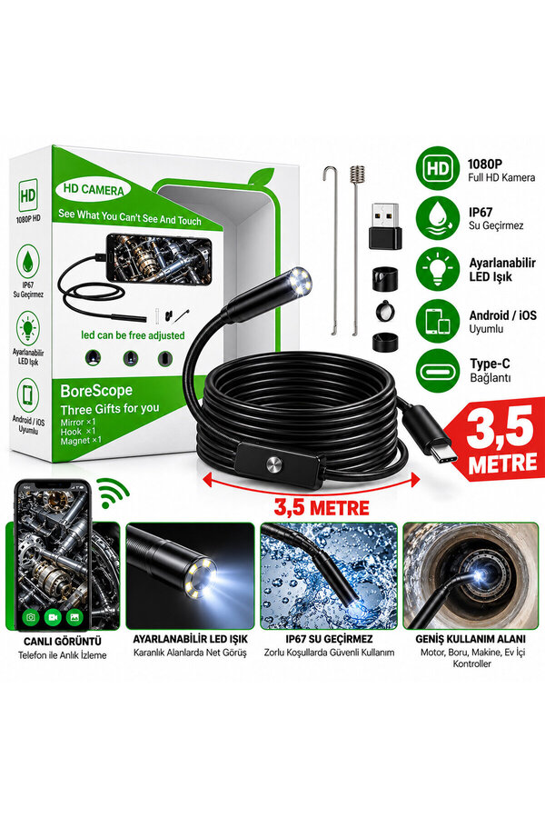 Go İthalat Hd 3.5 Metre- Su Geçirmez Yılan Kamera Ip67 Sertifikalı Led Işıklı Android Destekli () Glbl-Stl57839