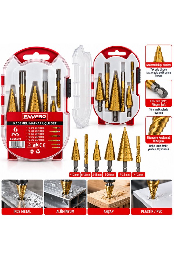 Go İthalat 6Pcs Matkap Uçlu Kademeli Set 4-12Mm - 4-20Mm - 4-32Mm - 3Mm - 6Mm - 8Mm () Glbl-Stl57839
