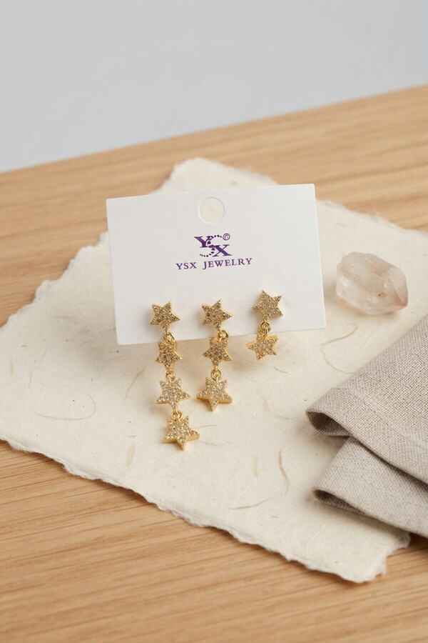 Evimdeyokyok Pirinç Gold Renk Zirkon Taşlı Sallantılı Yıldız Model Kadın Küpe Seti Tj-Bkp12185