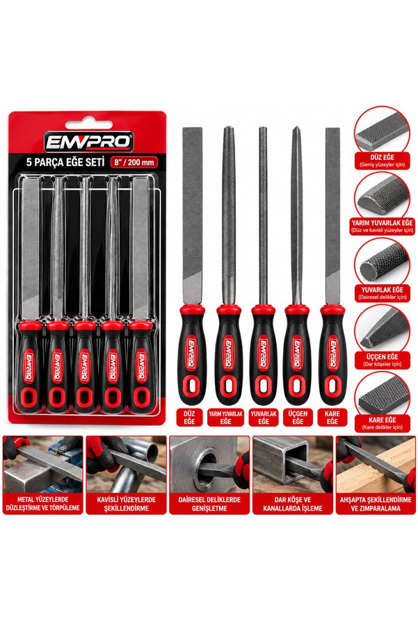 Go İthalat 5Pcs Çelik Eğe Seti Balık Sırtı - Üçgen - Kare - Yuvarlak - Düz Geniş Eğe=20Cm+Pls.sap=10Cm= 30Cm ()
