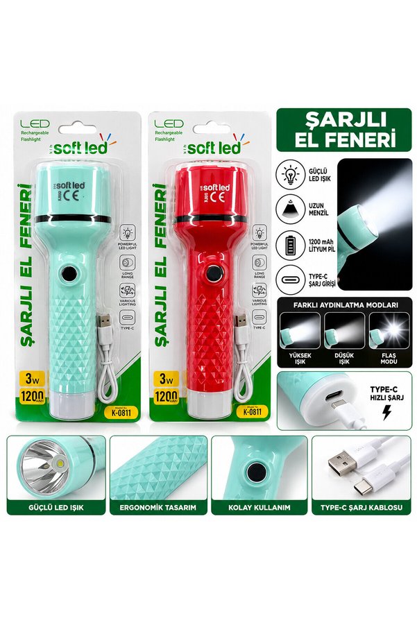 Go İthalat 2In1 Şarjlı El Feneri Usb - Type-C Şarjlı 1 Led 2W - 8 Smd 1W K-0811 () Glbl-Stl57839