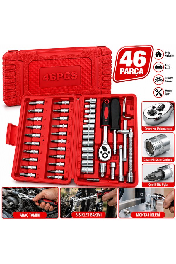 Go İthalat 46 Parça Lokma Seti 1/4 Inc Bit - 6Gen Soket - Cırcır Kolu - Uzatma-Kaydırma Çubukları Pls.kutulu ()