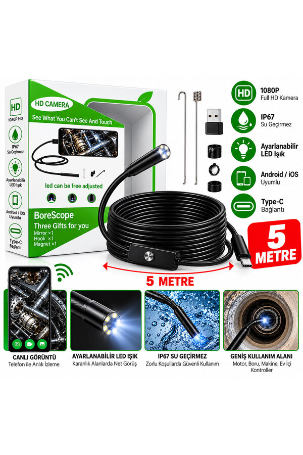 Go İthalat Hd 5 Metre- Su Geçirmez Yılan Kamera Ip67 Sertifikalı Led Işıklı Android Destekli () Glbl-Stl57839
