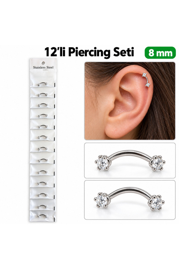 Airbrush Tattoo 12 Li Beyaz Taşlı Kavisli Kaş Ve Kulak Piercing Seti 8 Mm – Paslanmaz Çelik