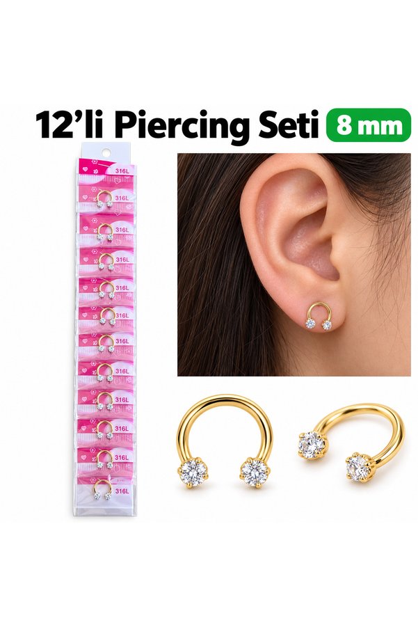 Airbrush Tattoo 12 Li 316L Çelik Taşlı Halka Piercing Seti 8 Mm – Gold Renk