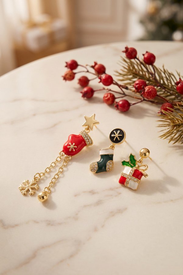 Evimdeyokyok Gold Noel Baba Şapkalı Zirkon Taşlı Zincirli Yılbaşı Küpe Tj-Bkp12178