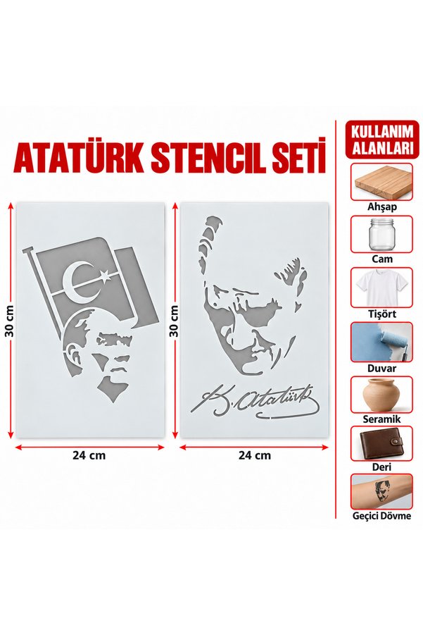 Airbrush Tattoo Bayraklı Ve İmzalı Atatürk Asetat Stencil Boyama Şablonu Seti 2 Adet 30X24 Cm