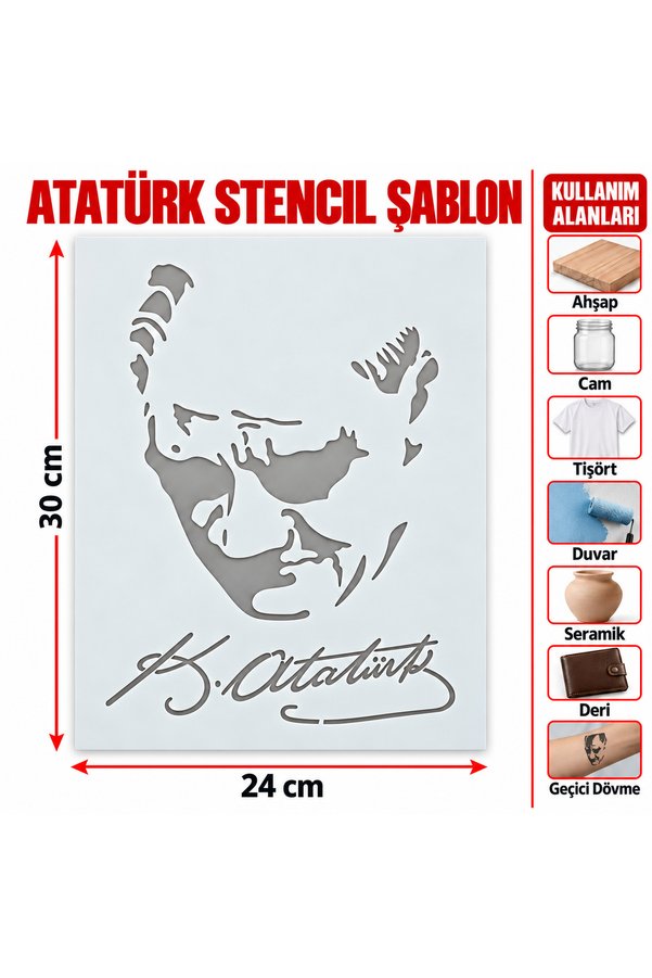 Airbrush Tattoo Atatürk Portresi Ve İmzası Asetat Stencil Şablon Ve Boyama Kalıbı 30X24 Cm
