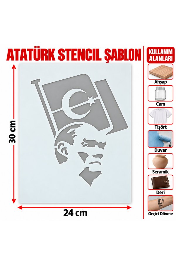 Airbrush Tattoo Türk Bayrağı Ve Atatürk Silüeti Asetat Stencil Şablon Ve Boyama Kalıbı 30X24 Cm