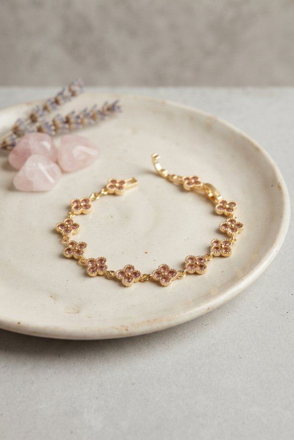 Evimdeyokyok Gold Renk Pembe Zirkon Taşlı Yonca Model Kadın Bileklik Tj-Bb8890