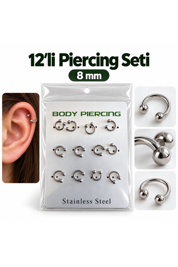 Airbrush Tattoo 12 Li Paslanmaz Çelik Halka Piercing Seti 8 Mm – Gümüş Renk