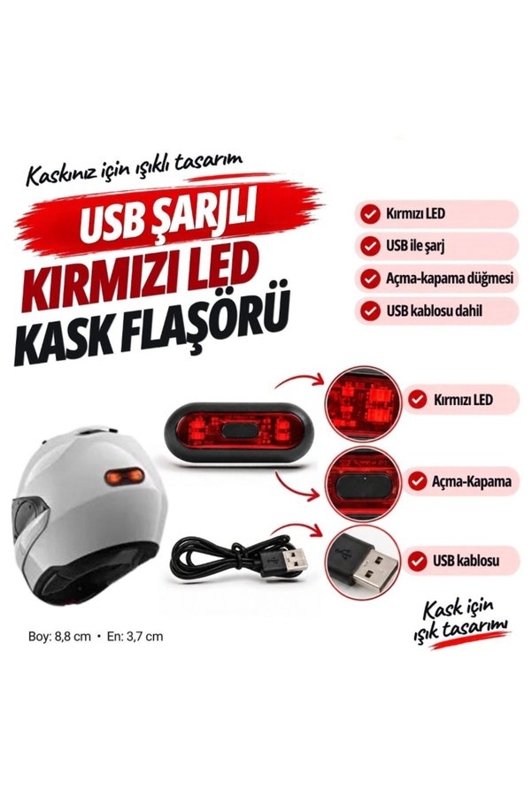 Ethab Ticaret Glbl-Tstil4136 Kırmızı Led Kask Flaşörü - Usb Şarjlı - Kask Aydınlatma Işığı