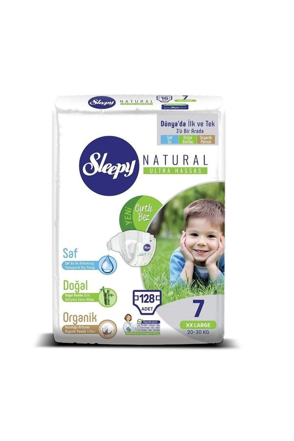 Sleepy Natural Bebek Bezi 7 Numara Xxlarge 128 Adet + Islak Havlu Hediyeli