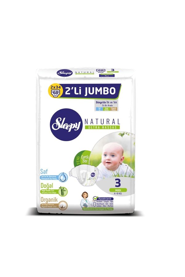 Sleepy Natural Bebek Bezi 3 Beden Midi 2 Li Jumbo 68 Adet