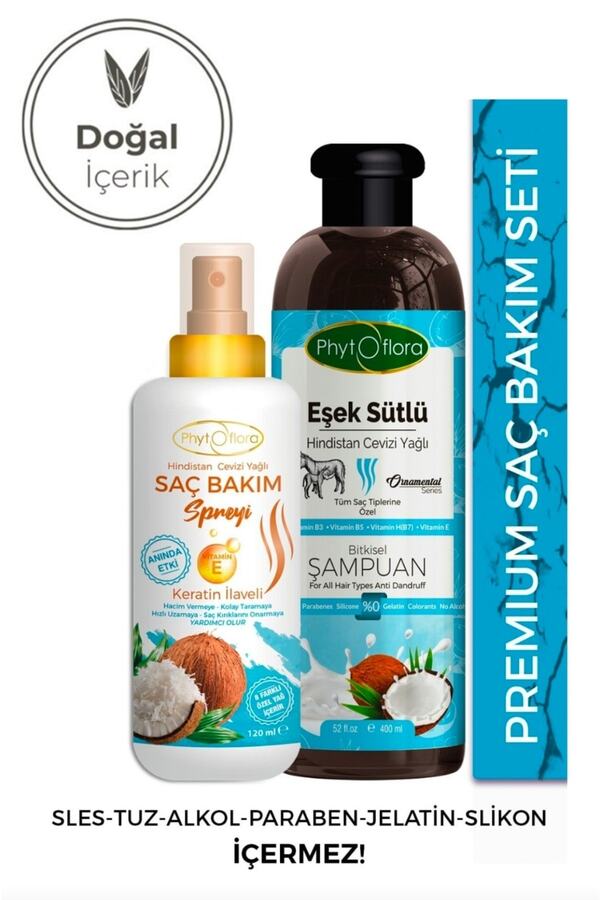 Phyto Flora 2 Li Set Eşek Sütlü Doğal Şampuan Ve Hindistan Cevizi Yağlı Saç Spreyi