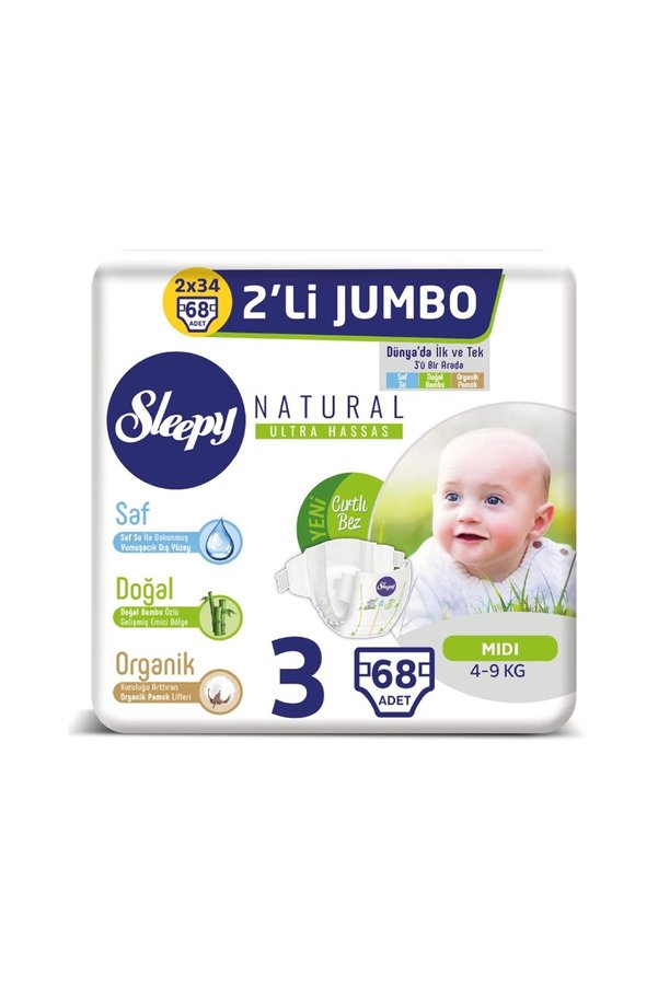 Sleepy Natural Bebek Bezi 3 Beden Midi 2 Li Jumbo 68 Adet