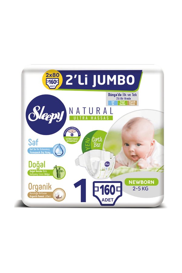 Sleepy Natural Bebek Bezi 1 Beden Yenidoğan 2X2 Li Jumbo 160 Adet