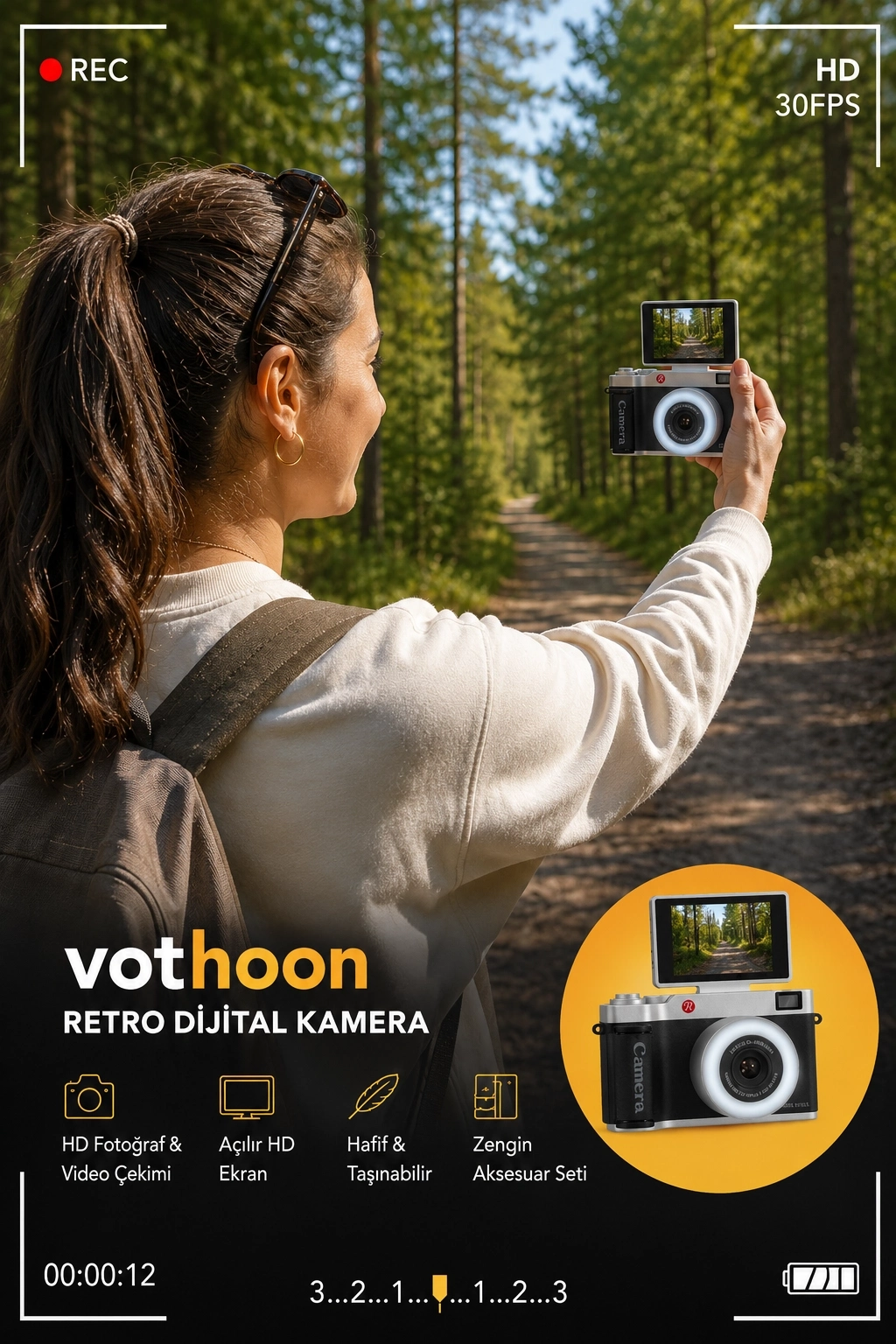 Evimdeyokyok 4K Çantalı Dijital Retro Video Kamera 48Mp 16X Zoom Işıklı (32Gb) Kart Dijital Fotoğraf Makinesi Sar