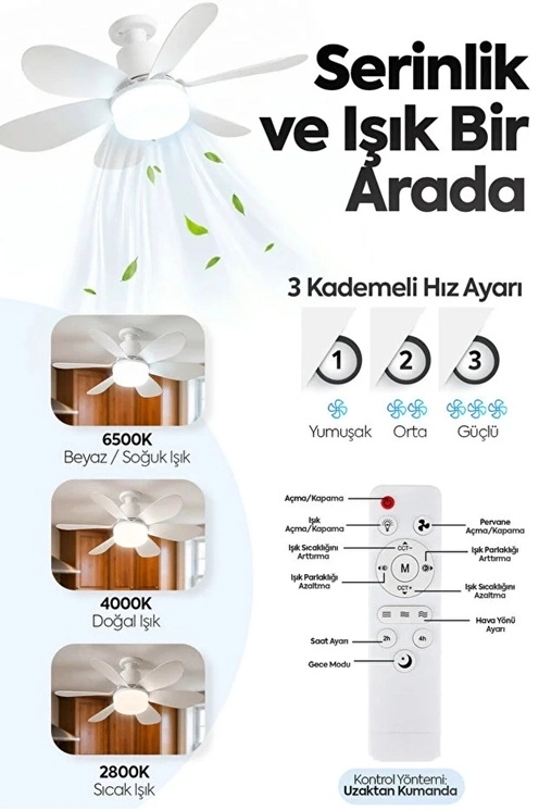 Evimdeyokyok 6 Kanatlı 3 Kademeli Led Aydınlatmalı Uzaktan Kumandalı Tavan Vantilatörü