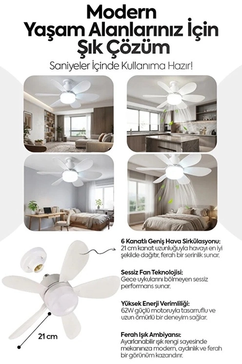 Evimdeyokyok 6 Kanatlı 3 Kademeli Led Aydınlatmalı Uzaktan Kumandalı Tavan Vantilatörü