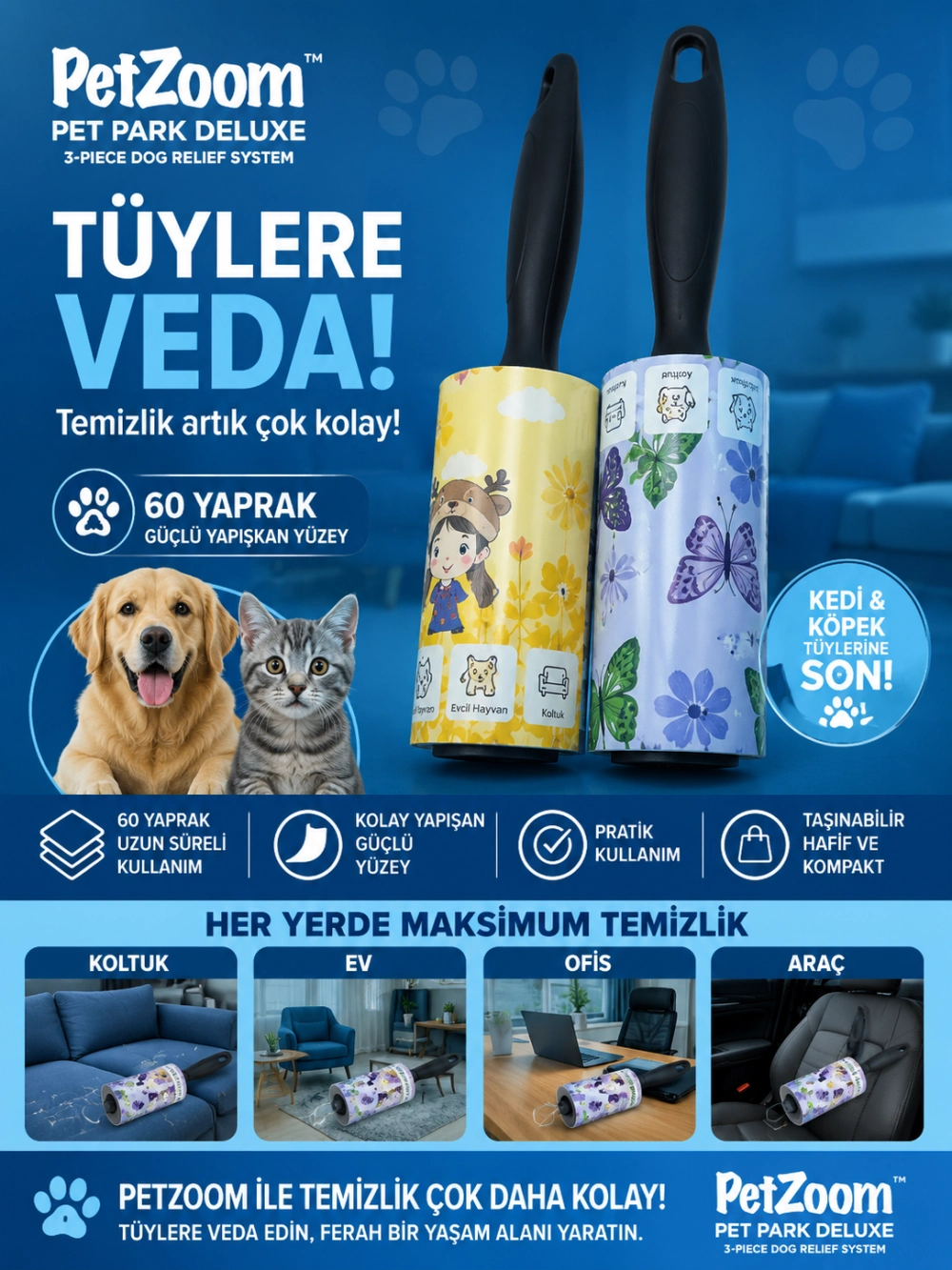 Evimdeyokyok 60 Yaprak Tüy Toplama Rulosu Kedi Köpek Tüy Toplayıcı Ev Koltuk Araç Ofis Temizlik Rulosu