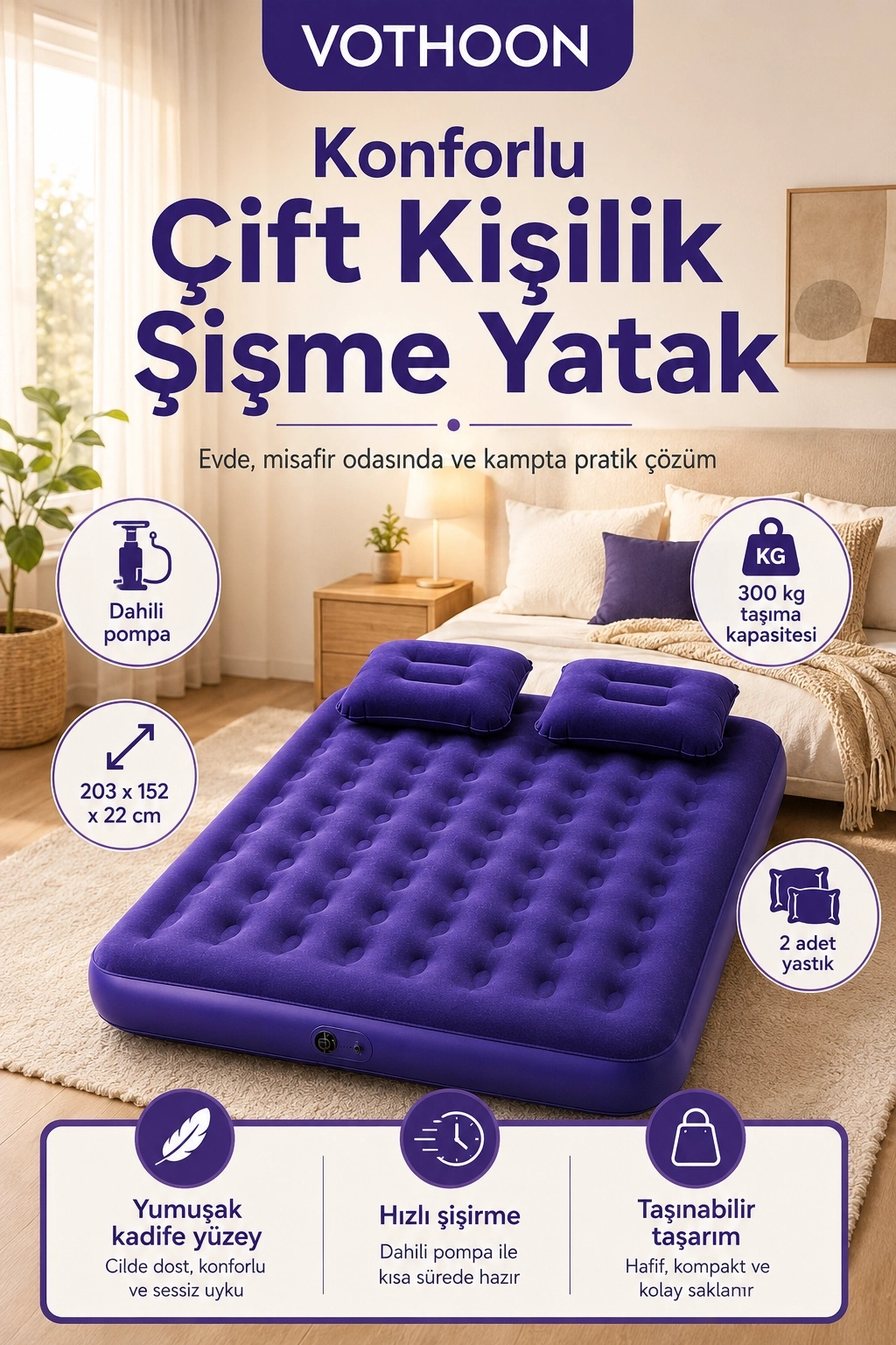 Evimdeyokyok Çift Kişilik Şişme Yatak Dahili Pompalı 203X152X22 Cm 2 Yastıklı