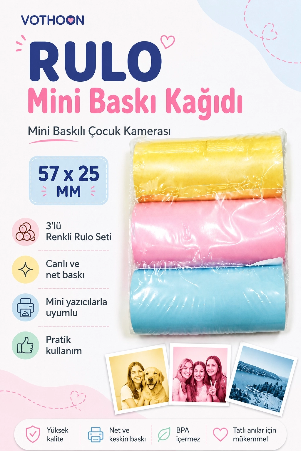 Evimdeyokyok Çocuk Fotoğraf Makinesi Yedek Termal Baskı Kağıdı Renkli (3 Lü Rulo) – 57X25Mm