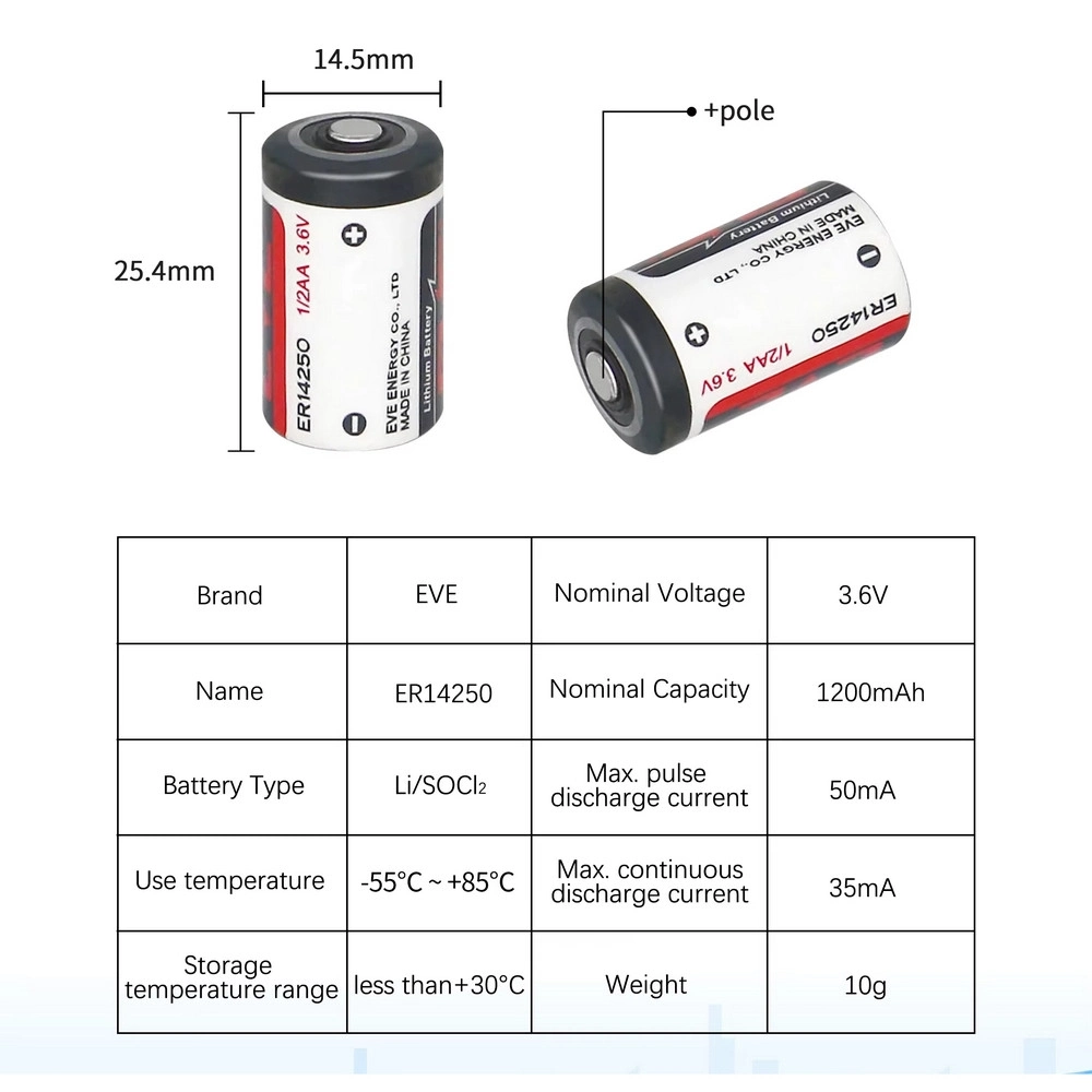 Evimdeyokyok Eve Er14250 1/2Aa Size 3.6V 1200 Mah Şarjsız Li-Socl2 Lithium Pil